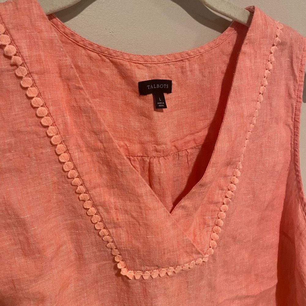 Talbots sz L 100% linen sleeveless blouse v-neck peach orange
